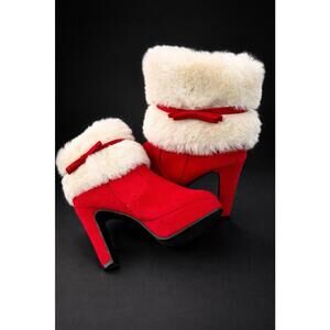 Women Red Fur Trim Platform Ankle Boots High Heel Christmas Holiday Size 42 US10